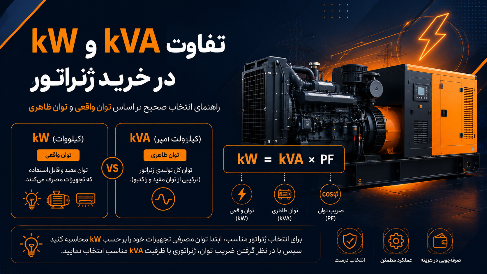مفاهیم کیلووات (kW) و کاوا (kVA) در خرید ژنراتور 1